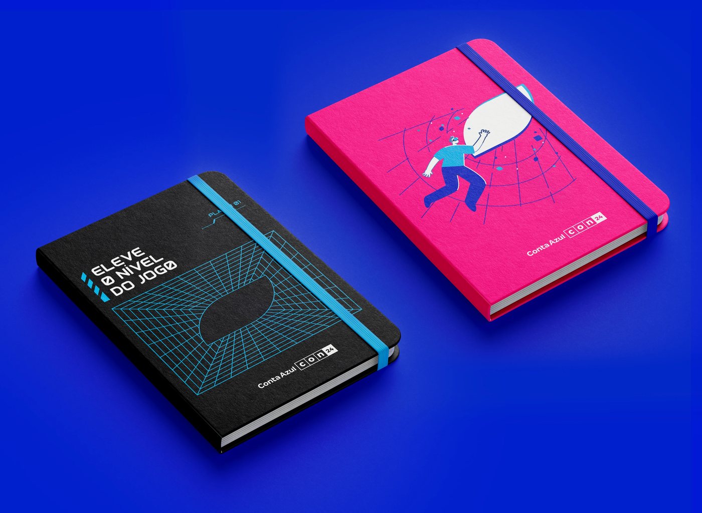Conta Azul Con 2024 merchandising: notebooks with the event identity