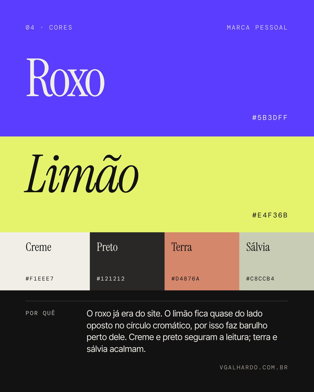 Brand palette: purple, lime, cream, black, terracotta and sage